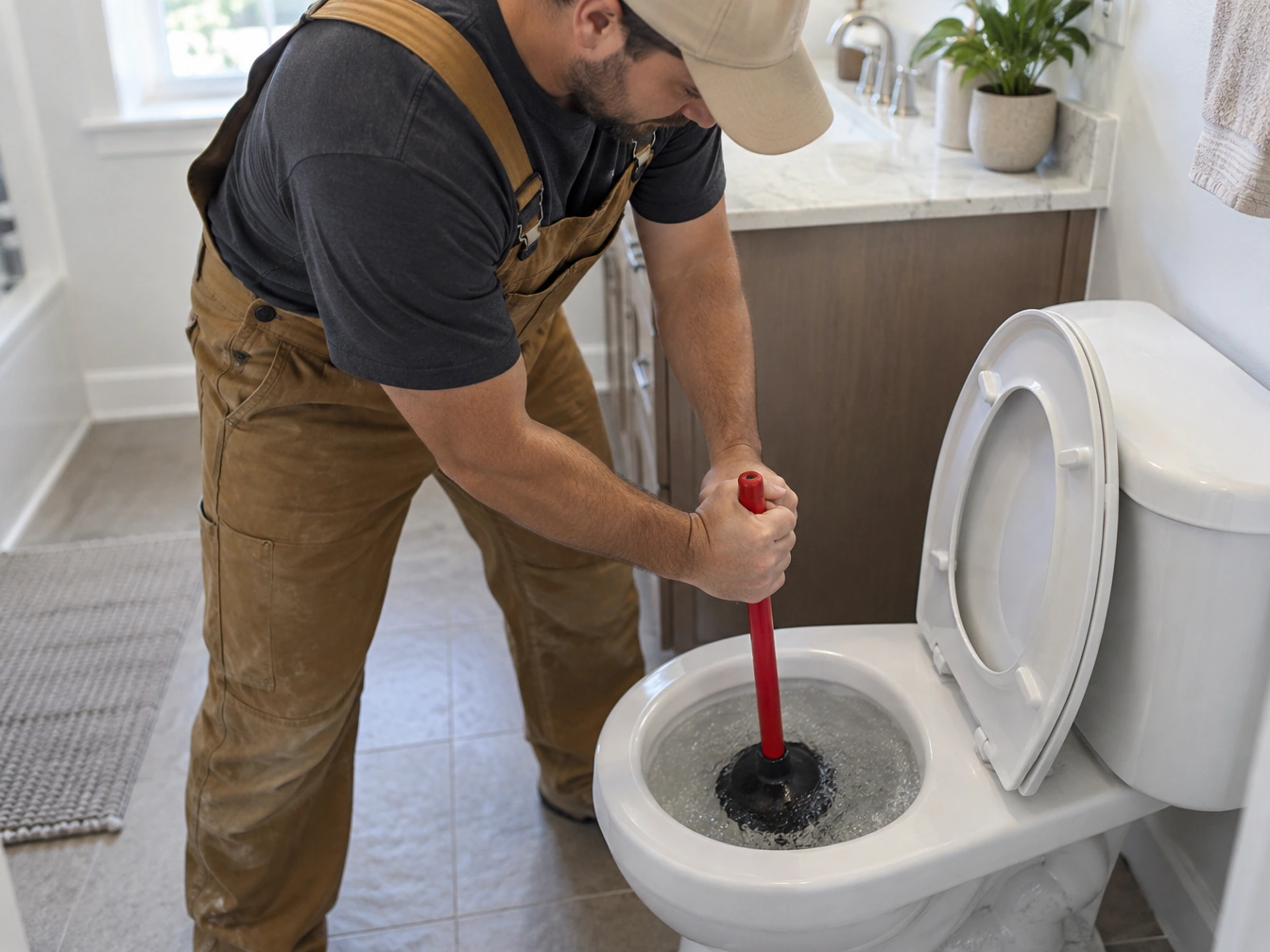Installateur benutzt einen roten Pumpstampfer in einem Toilettenbecken