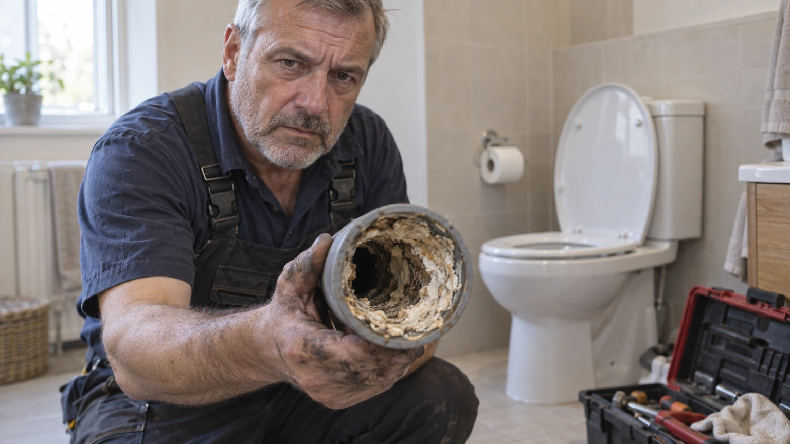 Ein Installateur hockt in einem Badezimmer und hält ein durch Ablagerungen zugesetztes Rohrstück hoch