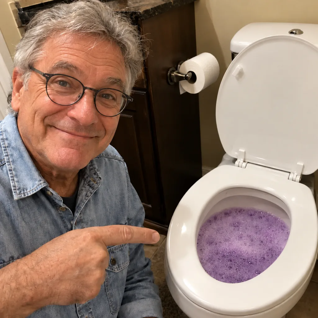 Lächelnder Mann zeigt auf eine Toilette voller lila Schaum