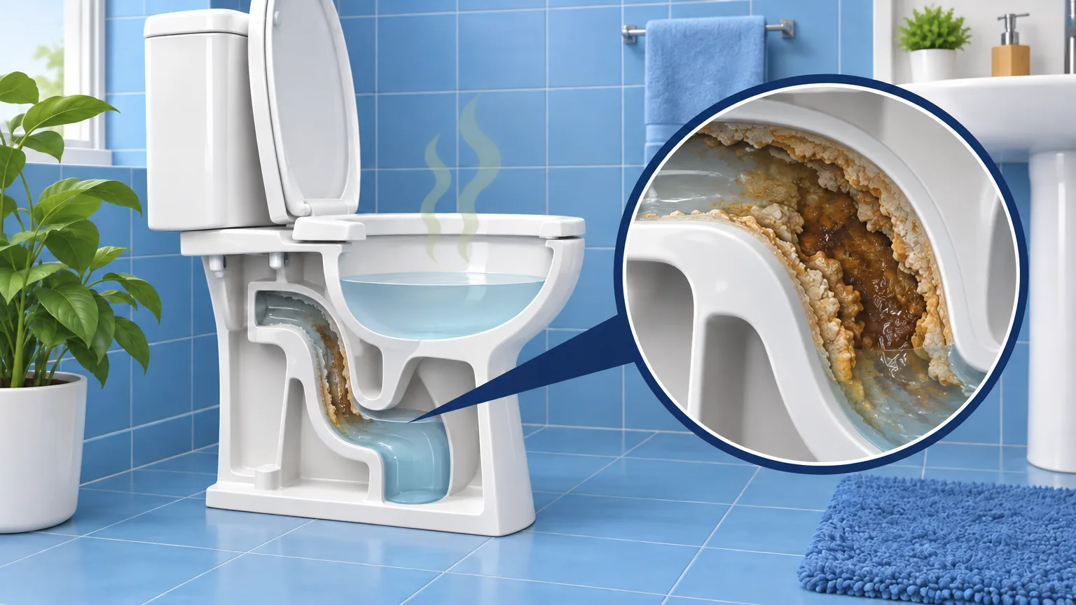 Schnittzeichnung einer Toilette mit vergrößerter Ansicht der Ablagerungen im gebogenen Abflussrohr