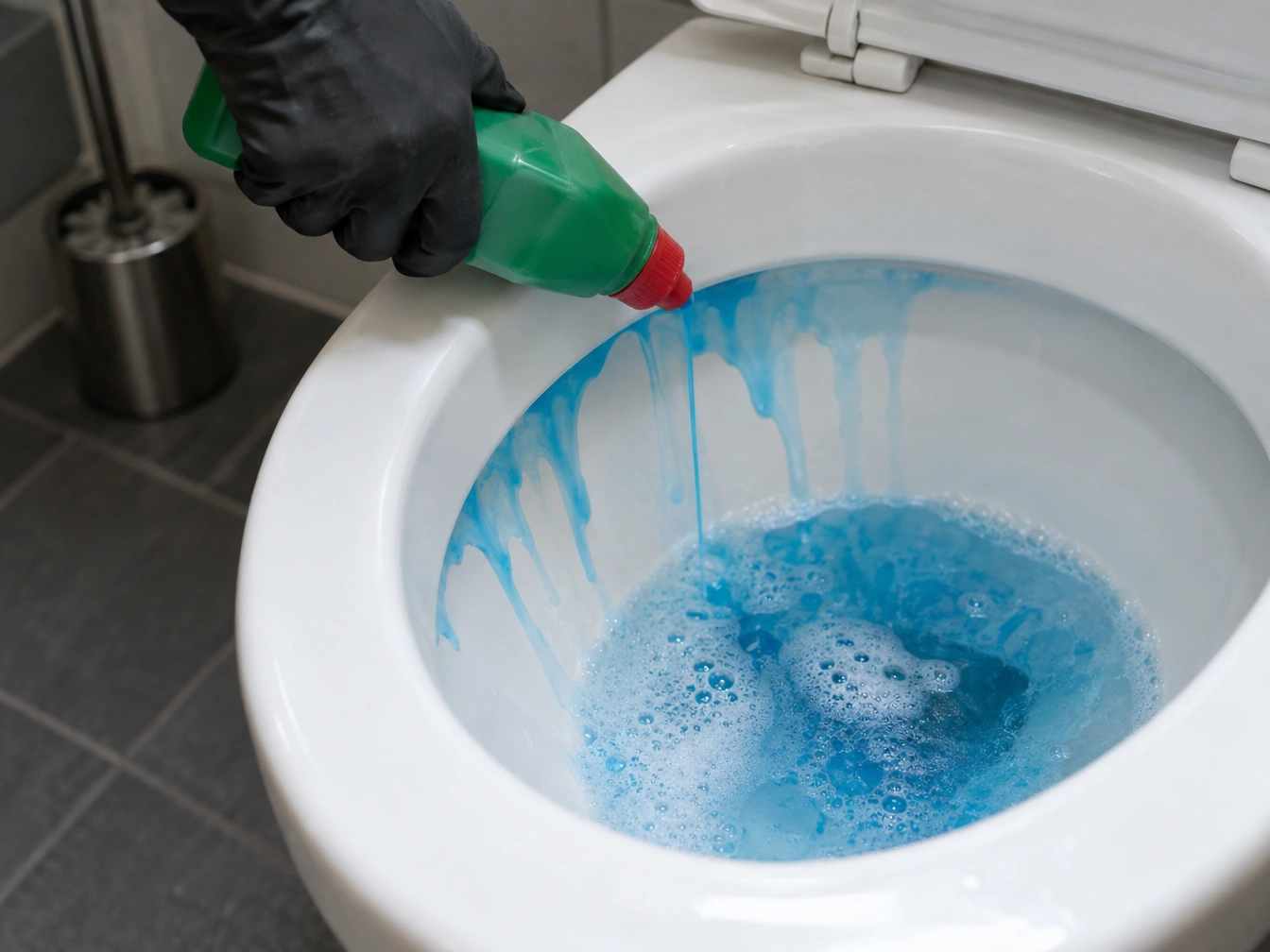 Blaues Reinigungsgel wird unter einen WC-Rand gedrückt und läuft direkt nach unten