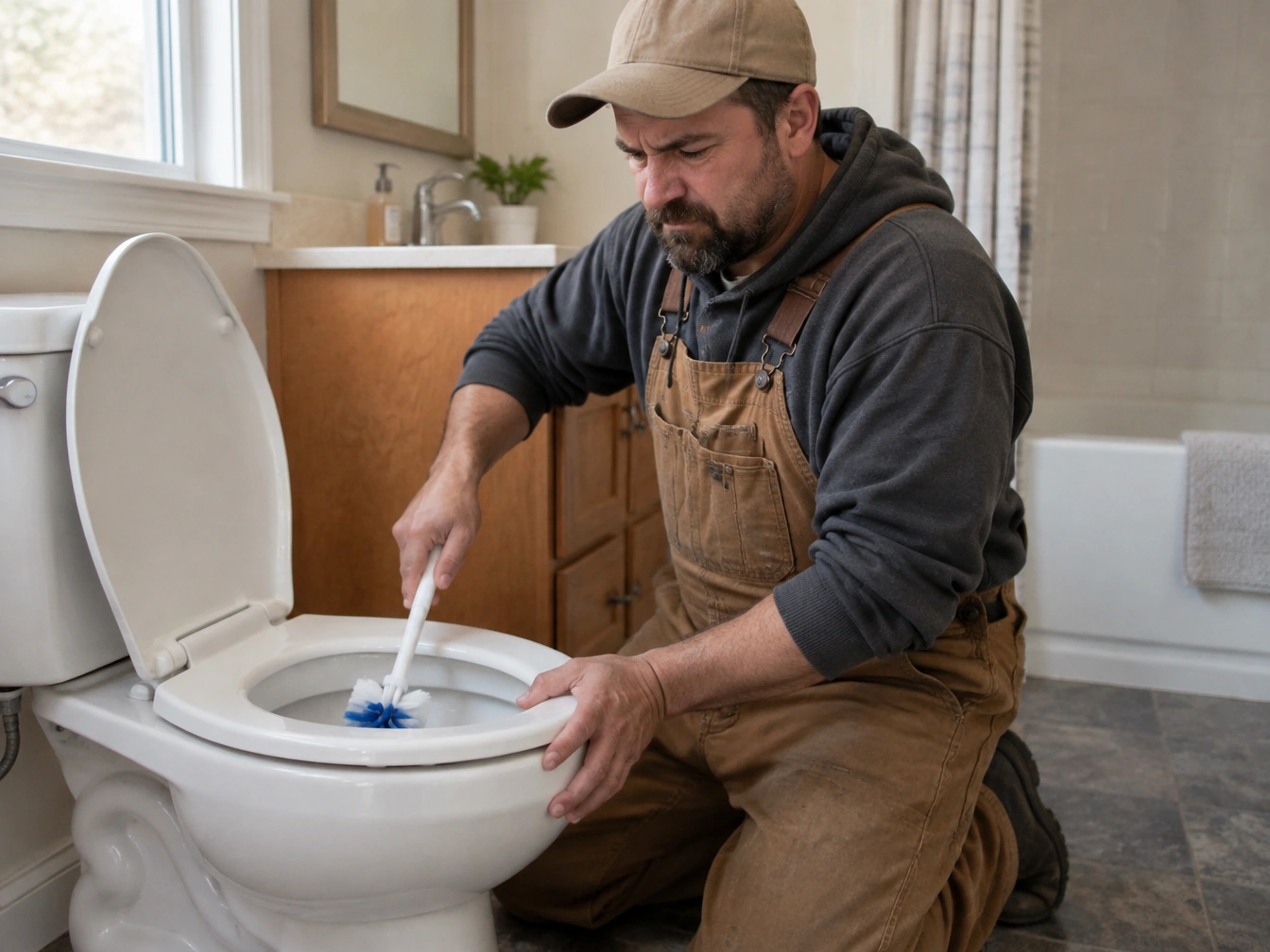 Installateur kniet und schrubbt ein Toilettenbecken mit einer Bürste